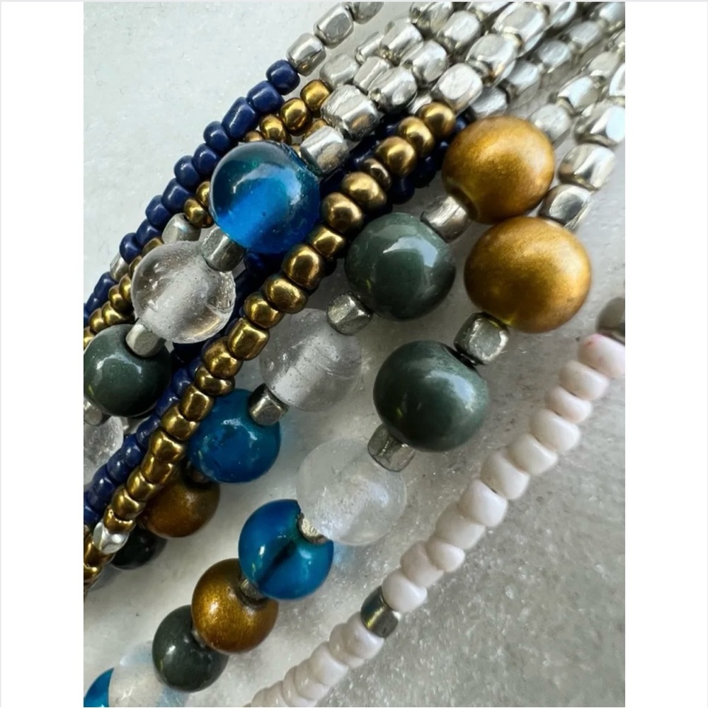 Vintage Egypt-Inspired Statement Necklace | Layered Turquoise Navy Gold Beads - Picture 2 of 12